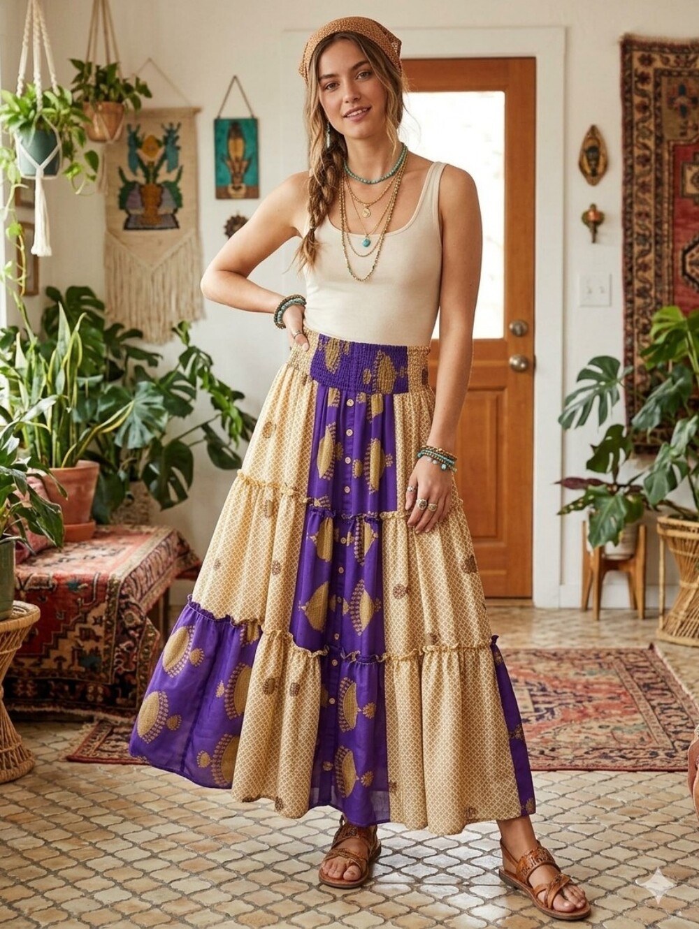 Kantha Bae Ruffle Tiered Bohemian Patchwork Maxi Skirt Silk Purple Gold OSFM